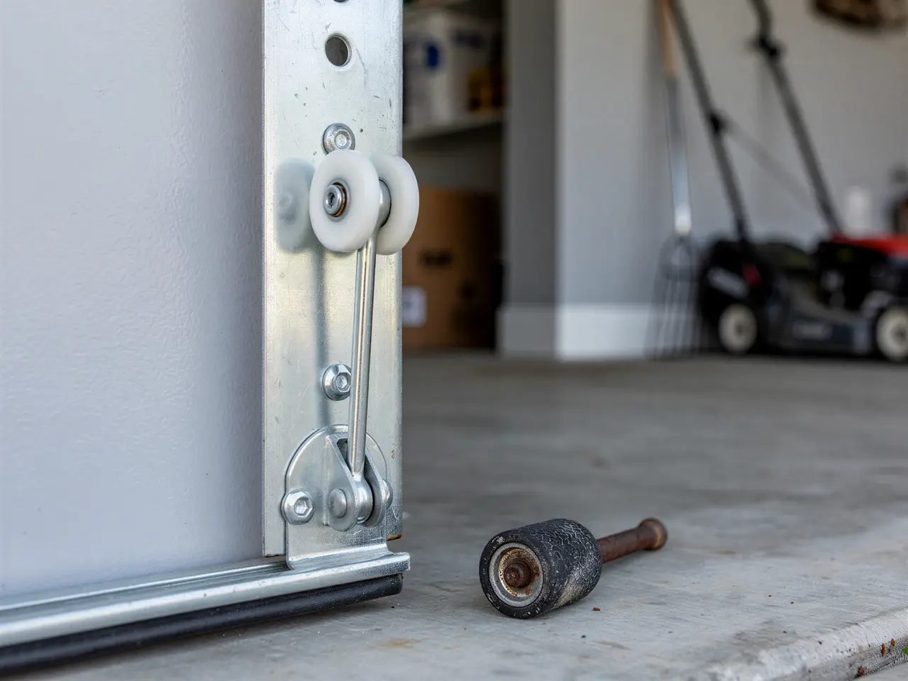 A garage door roller is attached to the door, and a broken roller lies on the floor.